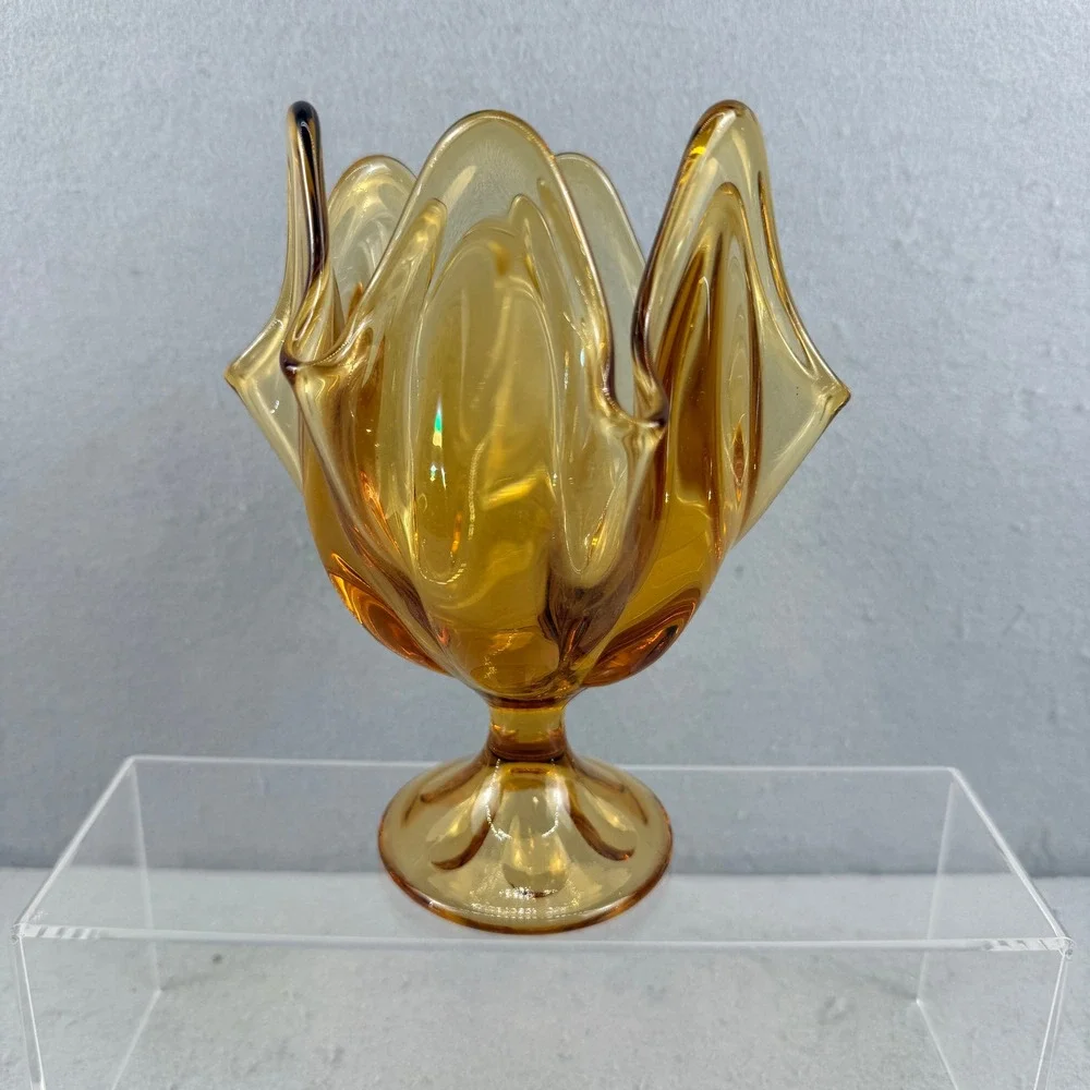 Viking Amber Art Glass Pedestal Vase Handkerchief Swung Rim Mid Century